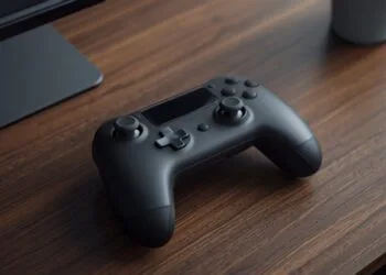 Concept image of an Apple game controller: a dark game controller on a wooden desk