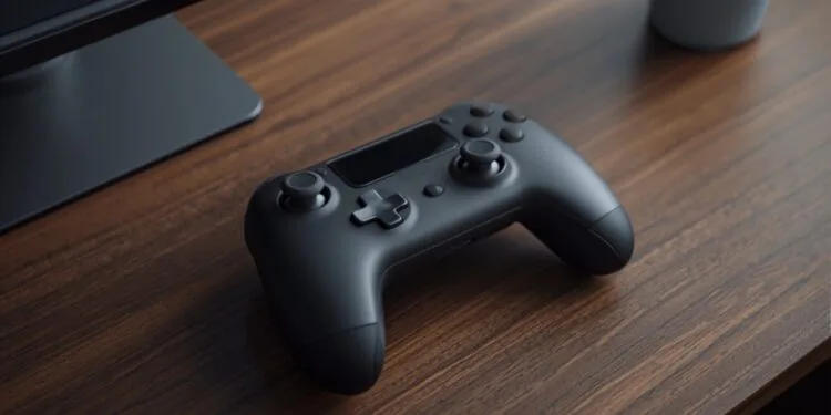 Concept image of an Apple game controller: a dark game controller on a wooden desk