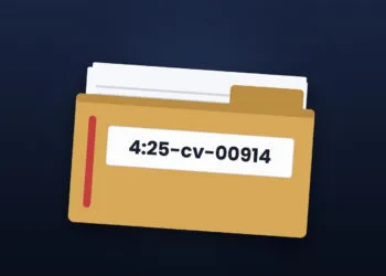 Symbolic image for the Musk antitrust lawsuit against Apple: illustrated file folder showing the case number on a dark blue background