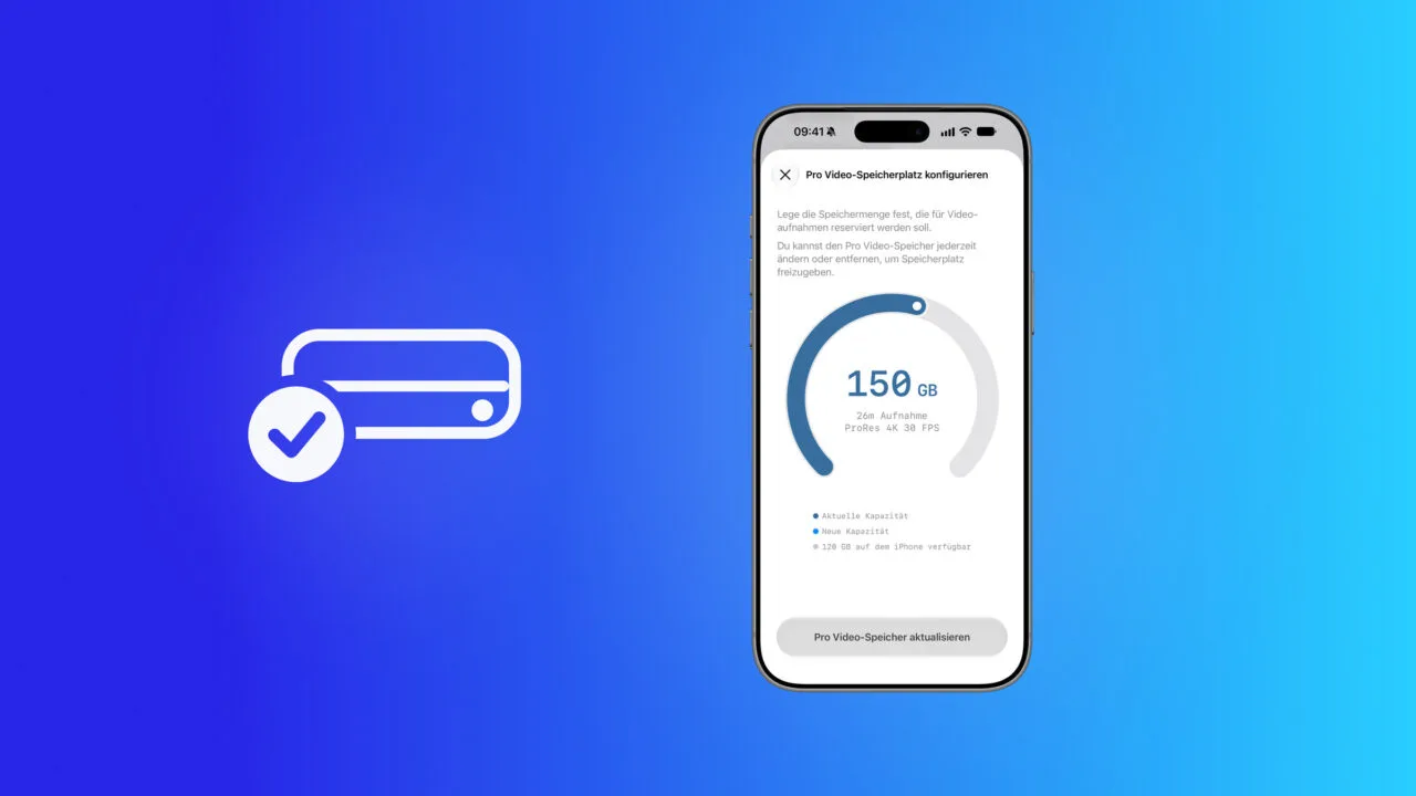 Pro Video Storage on iPhone 18 Pro: iPhone showing the Configure Pro Video Storage dial at 150 GB and about 26 minutes of ProRes 4K 30 fps, next to a drive with a checkmark