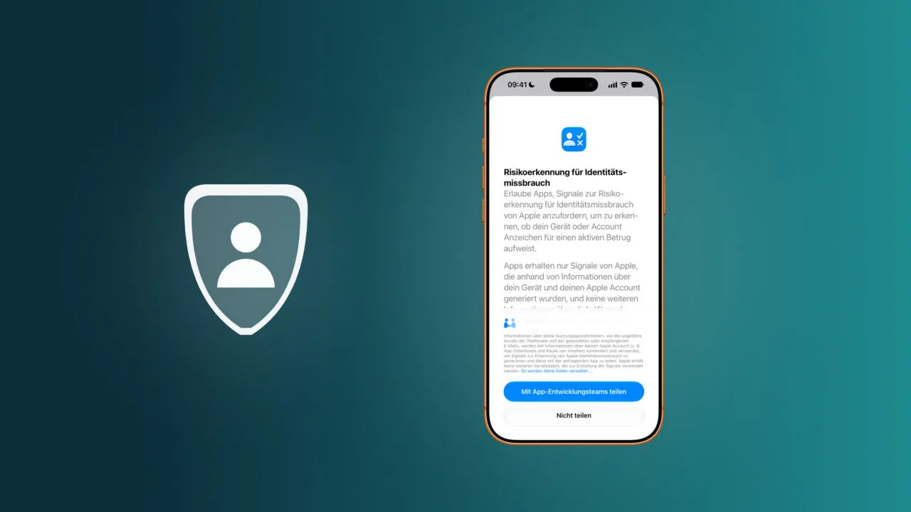 Impersonation Risk Detection on iOS 27: iPhone showing Apple's explanation and the Share with App Developers button, next to a shield with a person symbol