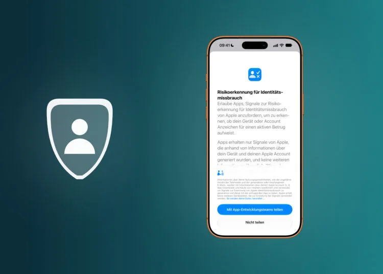 Impersonation Risk Detection on iOS 27: iPhone showing Apple's explanation and the Share with App Developers button, next to a shield with a person symbol
