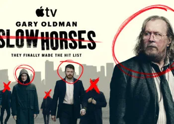 Slow Horses season 8: key art with Gary Oldman as Jackson Lamb and the team in front of the London skyline
