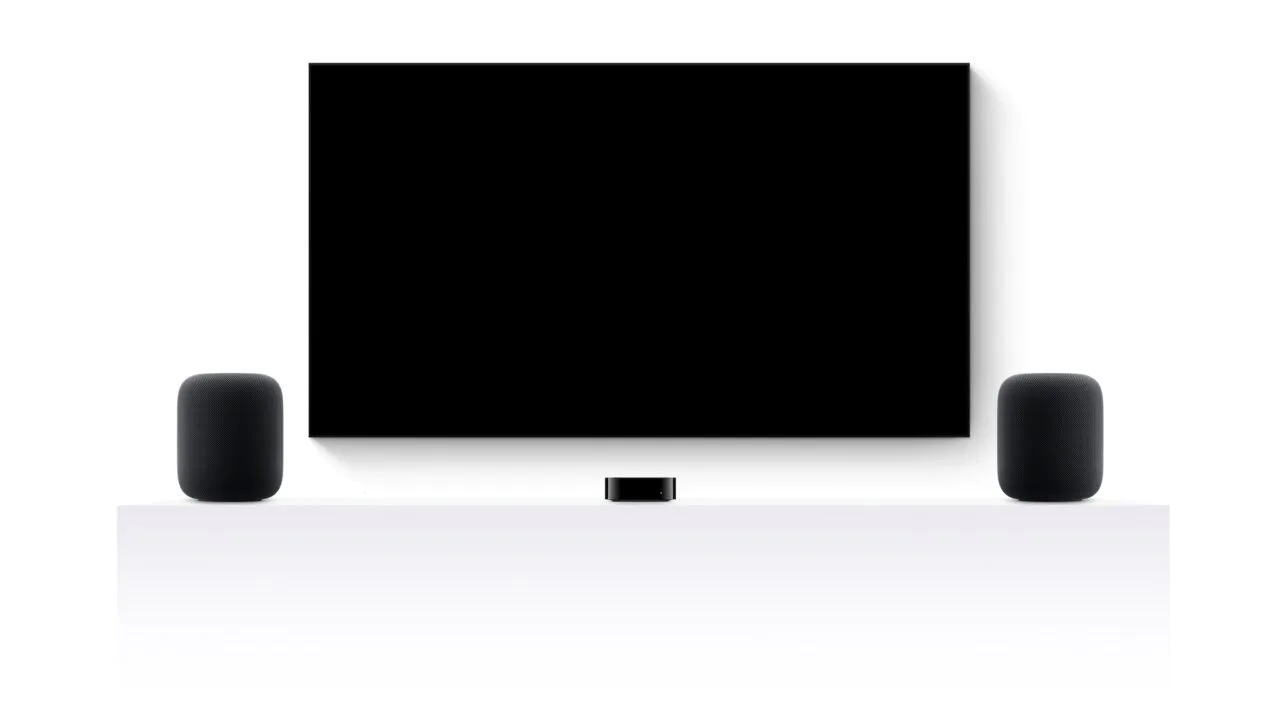 tvOS 27.2 HomePod surround: two HomePods to the left and right of a TV, with an Apple TV 4K in between on a white sideboard