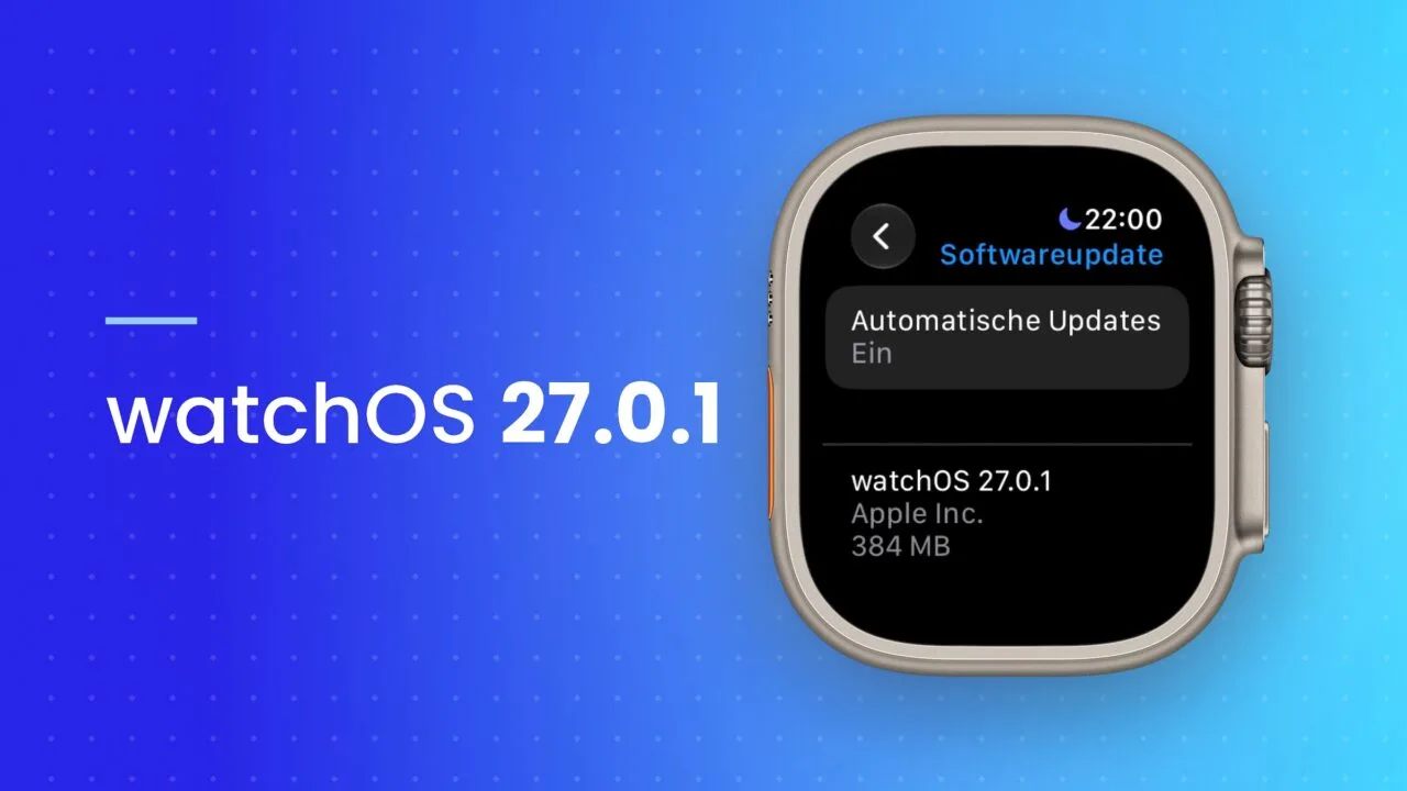 watchOS 27.0.1: Apple Watch Ultra showing the software update settings with the watchOS 27.0.1 update at 384 MB