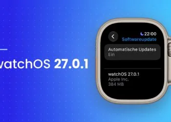 watchOS 27.0.1: Apple Watch Ultra showing the software update settings with the watchOS 27.0.1 update at 384 MB