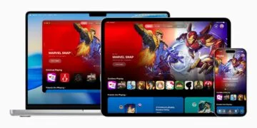 App Store premium games: Apple's Games app on a MacBook, iPad and iPhone with a featured game and sections for continue playing and friends