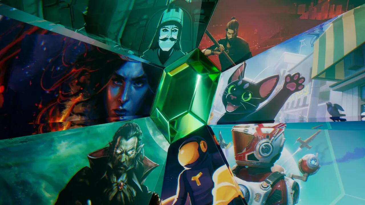 Artwork for the Indie Games Week in the App Store: a green gem in the centre surrounded by characters from the seven games, including a black cat and a space traveller