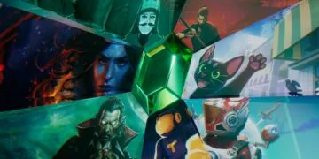Artwork for the Indie Games Week in the App Store: a green gem in the centre surrounded by characters from the seven games, including a black cat and a space traveller