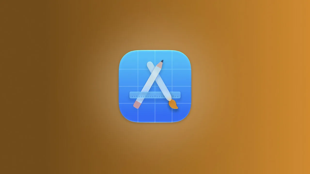 App Store guidelines: app icon with a pencil, brush and ruler forming an A on a blue grid, set against an orange background
