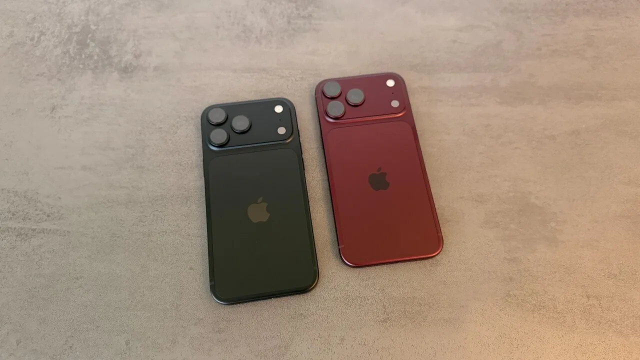 Apple stock price target: two iPhone 18 Pro Max in black and burgundy lying face down on a grey stone surface