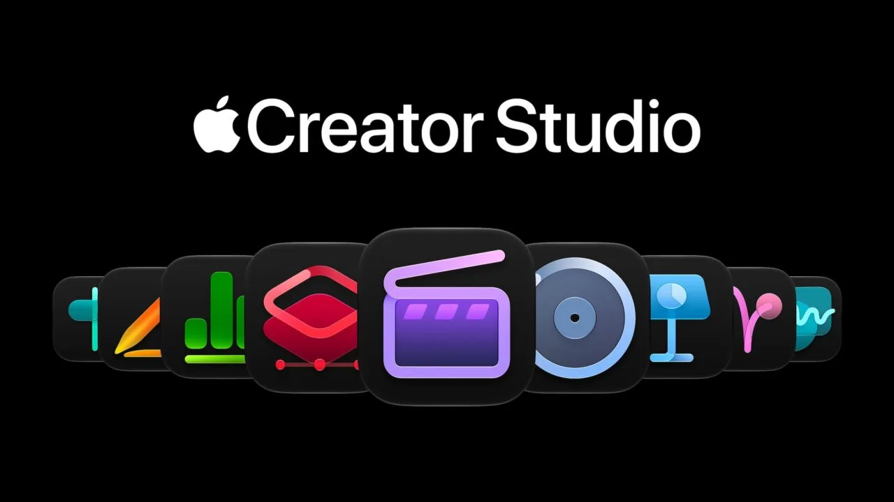 Apple Creator Studio lettering above the app icons of Final Cut Pro, Logic Pro, Pixelmator Pro, Keynote, Numbers and other creative apps