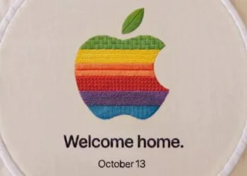 Apple event October 13: Embroidered rainbow Apple logo in an embroidery hoop with the words “Welcome home.” and “October 13”