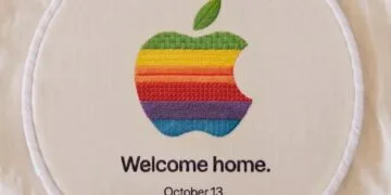 Apple event October 13: Embroidered rainbow Apple logo in an embroidery hoop with the words “Welcome home.” and “October 13”