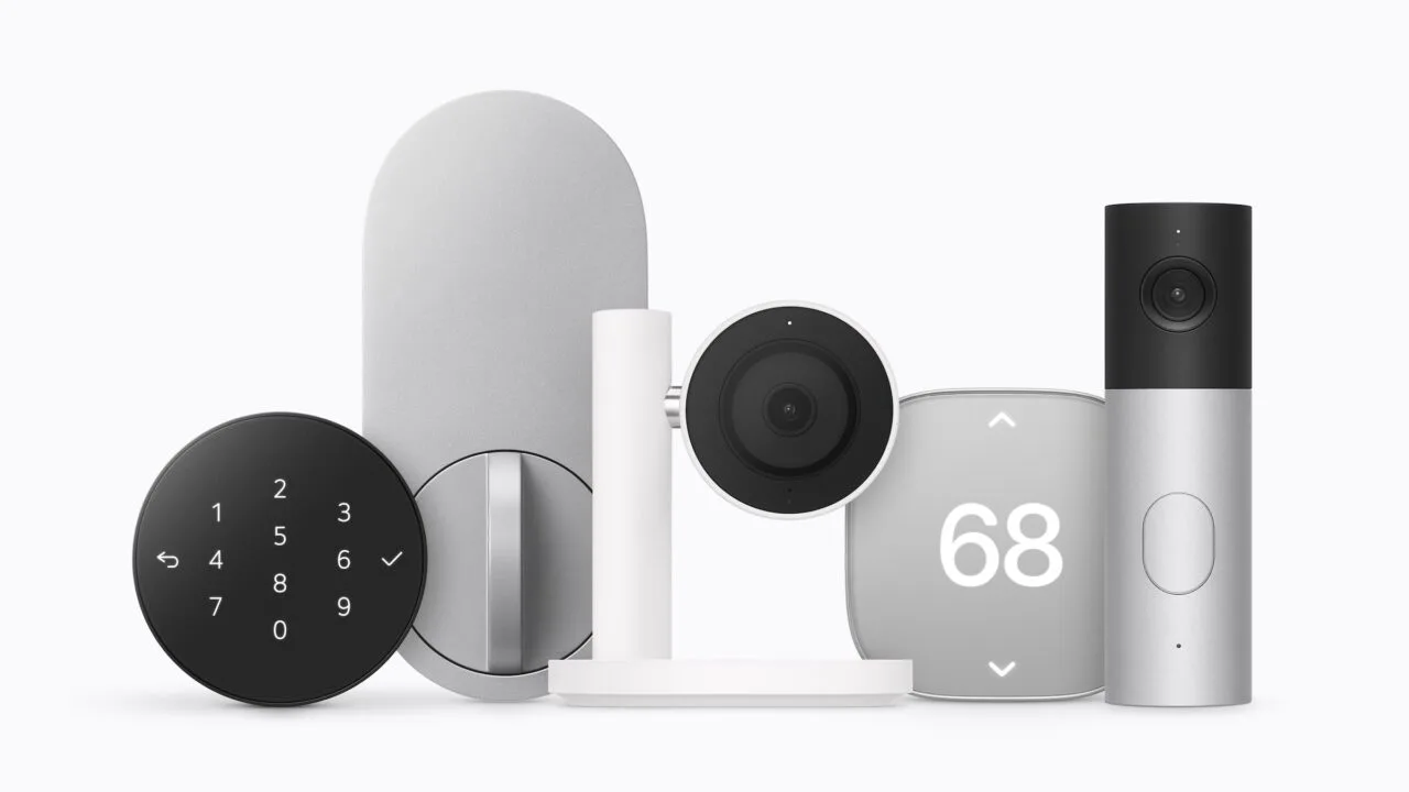 Apple Home Collection with the keypad and interior side of the door lock, a camera on a stand, a thermostat and a video doorbell side by side