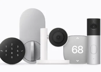 Apple Home Collection with the keypad and interior side of the door lock, a camera on a stand, a thermostat and a video doorbell side by side