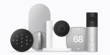 Apple Home Collection with the keypad and interior side of the door lock, a camera on a stand, a thermostat and a video doorbell side by side