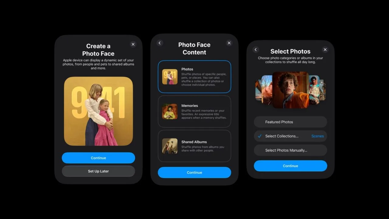 Leaked setup screens for the Apple HomePad photo face, offering photos, memories and shared albums as sources