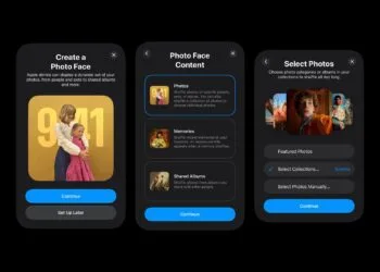 Leaked setup screens for the Apple HomePad photo face, offering photos, memories and shared albums as sources