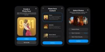 Leaked setup screens for the Apple HomePad photo face, offering photos, memories and shared albums as sources