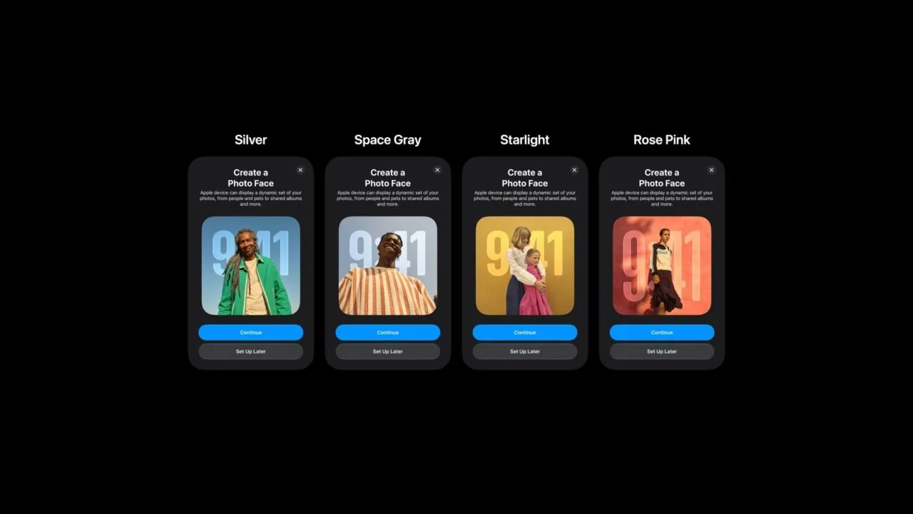 Leaked photo face setup screens in four variants, labelled with the possible Apple HomePad colours: Silver, Space Gray, Starlight and Rose Pink