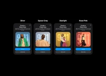 Leaked photo face setup screens in four variants, labelled with the possible Apple HomePad colours: Silver, Space Gray, Starlight and Rose Pink
