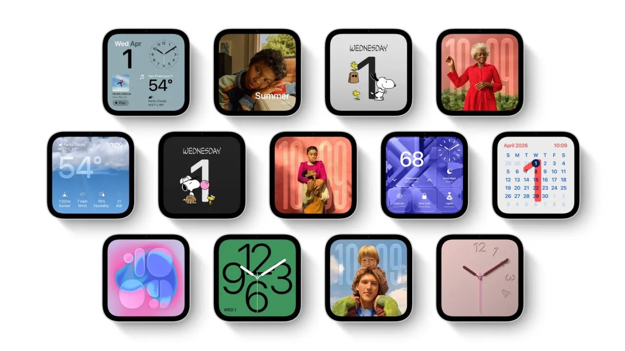 Thirteen Apple HomeView faces on the square display, including Photos, Snoopy, Weather, Calendar and home controls