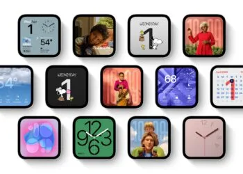 Thirteen Apple HomeView faces on the square display, including Photos, Snoopy, Weather, Calendar and home controls