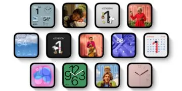 Thirteen Apple HomeView faces on the square display, including Photos, Snoopy, Weather, Calendar and home controls