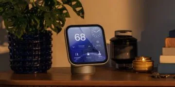 Apple HomeView Siri AI: the smart home hub on a wooden sideboard, its display showing thermostat, clock, door lock and lights, next to a plant and a candle