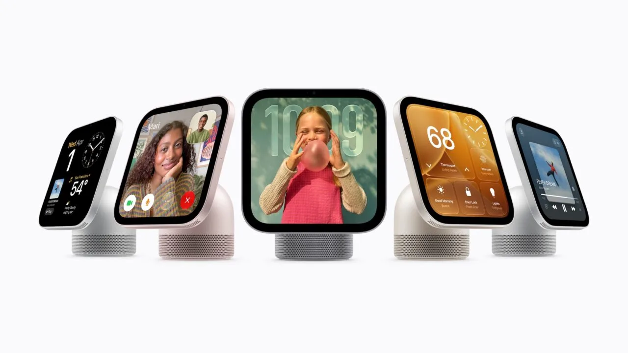 Five Apple HomeView units side by side, their screens showing time and weather, a FaceTime call, a photo, smart home controls and music
