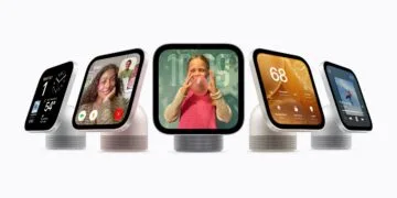 Five Apple HomeView units side by side, their screens showing time and weather, a FaceTime call, a photo, smart home controls and music