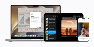 Apple Intelligence China: MacBook Pro, iPad Pro and iPhone showing AI features, including image generation on the iPad and photo reframing on the iPhone
