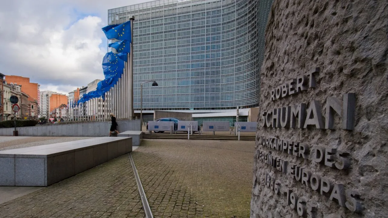 EU flags in front of the Berlaymont building in Brussels, headquarters of the European Commission targeted by Apple lobbying