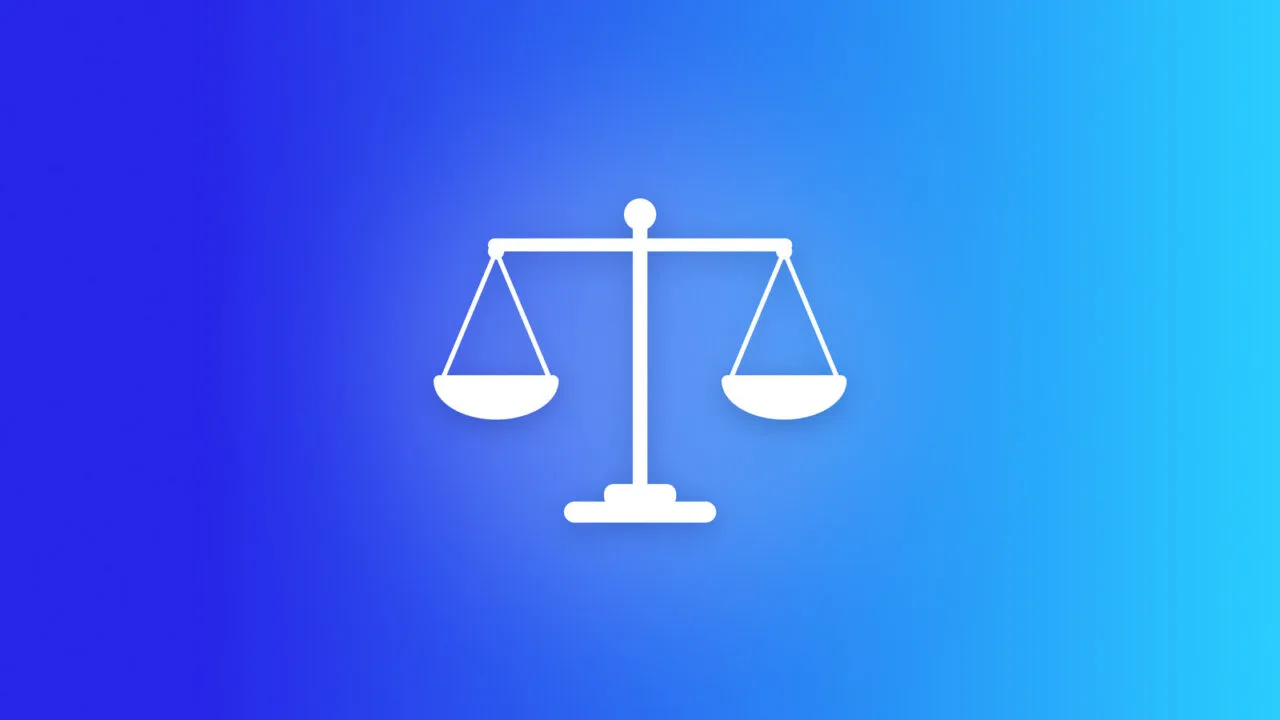 Symbolic image for Apple litigation: a white balance scale with two pans on a blue gradient