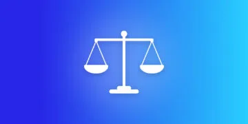 Symbolic image for Apple litigation: a white balance scale with two pans on a blue gradient