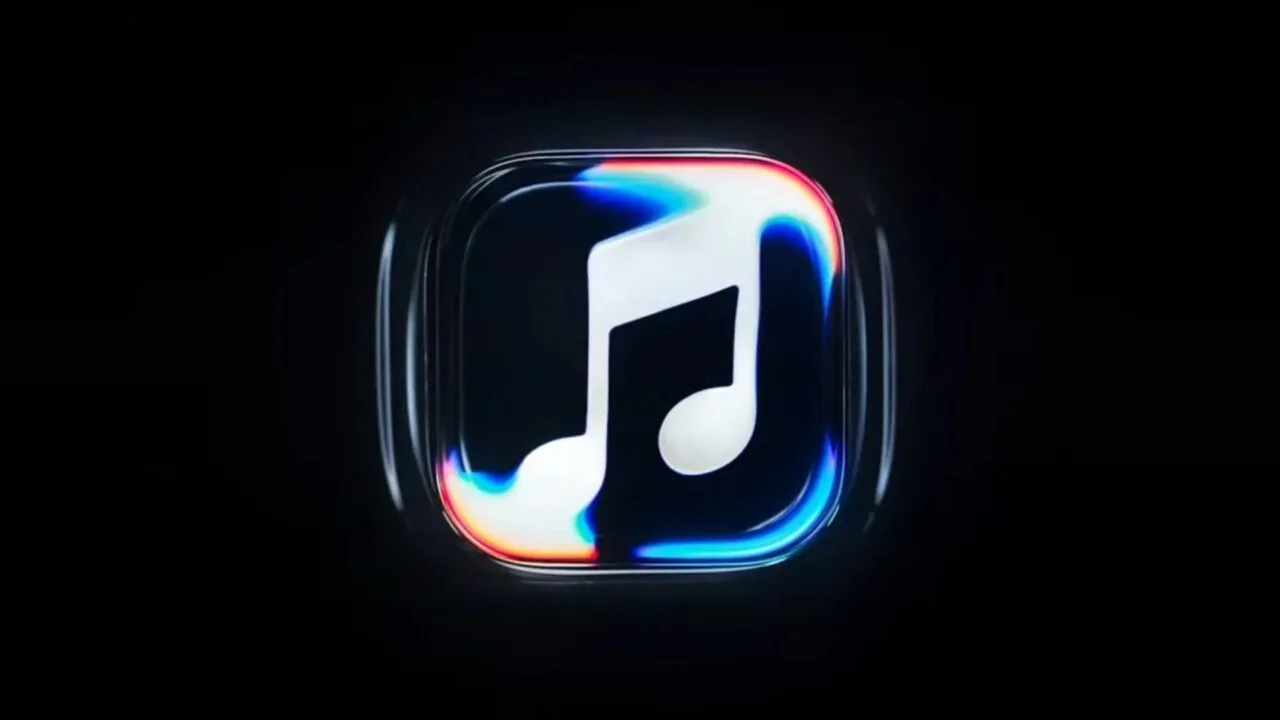 Apple Music's new white note inside a glass icon shape with colourful light edges on a black background – still from the video on Apple Music's new visual identity