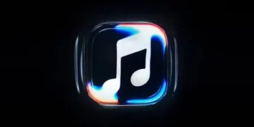 Apple Music's new white note inside a glass icon shape with colourful light edges on a black background – still from the video on Apple Music's new visual identity