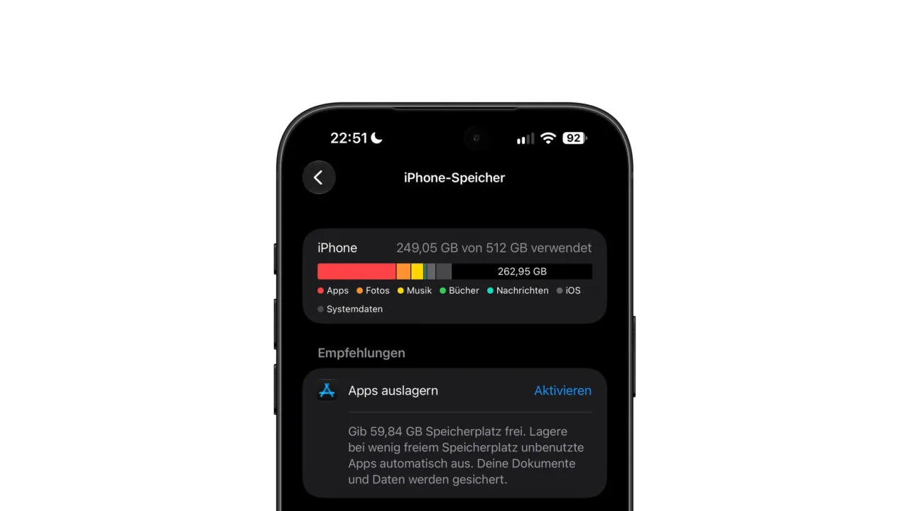 iPhone 18 Pro Max showing the iPhone Storage screen with 249.05 of 512 GB used – flash storage is at the center of Apple's memory crunch
