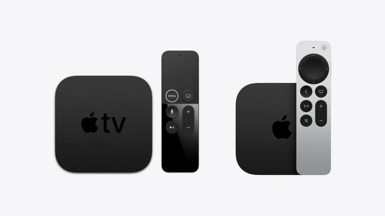 Apple TV 4K 1st generation next to the current model: on the left the larger box with the black Siri Remote, on the right the smaller box with the silver Siri Remote