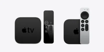 Apple TV 4K 1st generation next to the current model: on the left the larger box with the black Siri Remote, on the right the smaller box with the silver Siri Remote