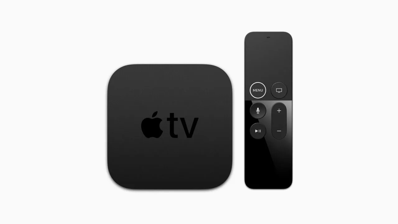 Apple TV 4K seen from above next to the black Siri Remote with a white ring around the Menu button – the 2017 model is now vintage