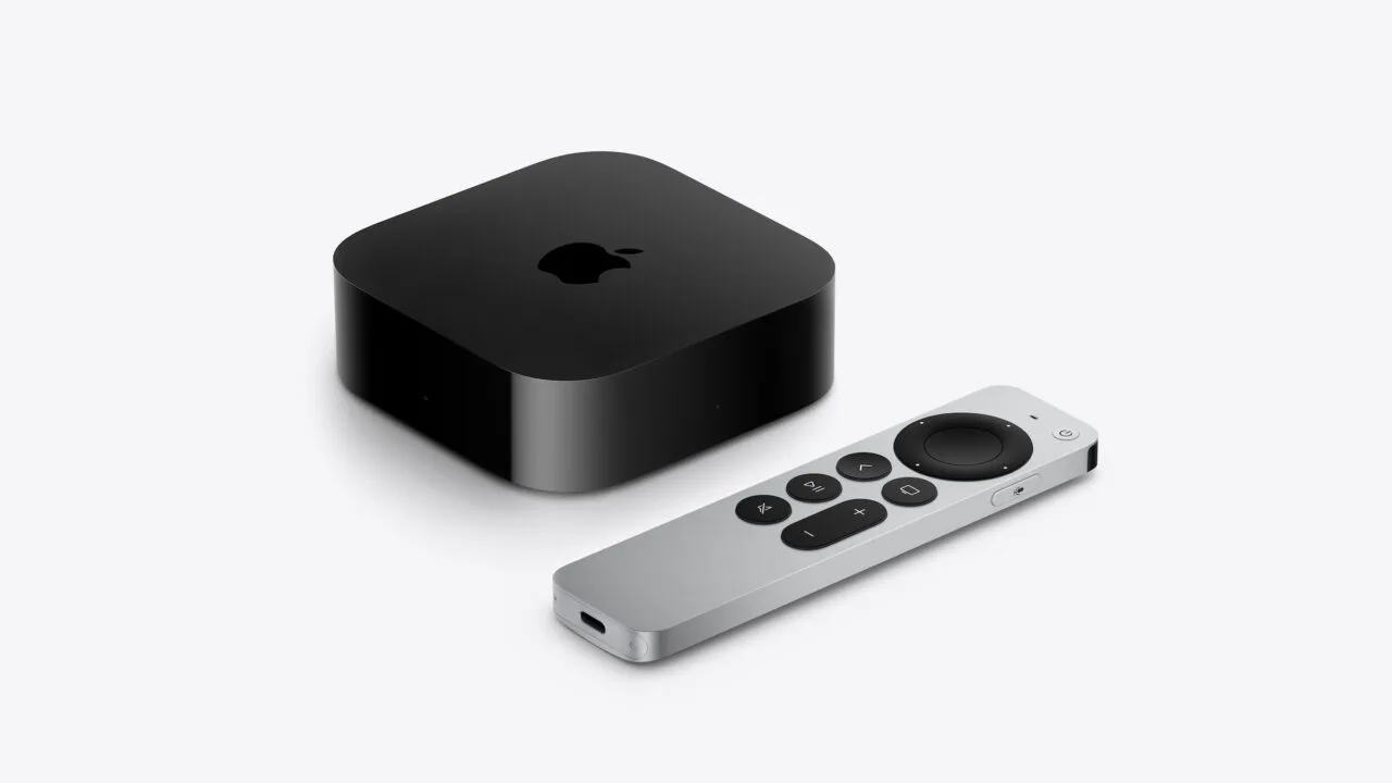 Apple TV 4K comparison: black Apple TV 4K box with the Apple logo next to the silver Siri Remote with USB-C port