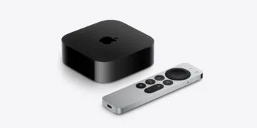 Apple TV 4K comparison: black Apple TV 4K box with the Apple logo next to the silver Siri Remote with USB-C port