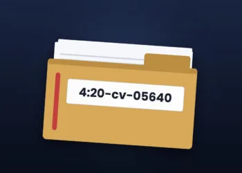 Symbolic image for Apple vs. Epic: illustrated file folder showing the case number of the commission proceedings on a dark blue background