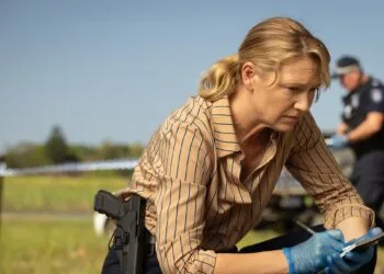 Still from Dustfall on Apple TV: Anna Torv as detective Tig Pollard kneels with a notepad and gloves at a cordoned-off crime scene, a police officer in the background