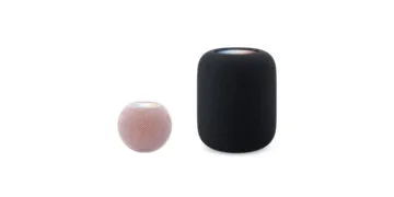 HomePod mini vs. HomePod: HomePod mini 2 in pink next to the much larger HomePod 2 in midnight, both shown to scale side by side