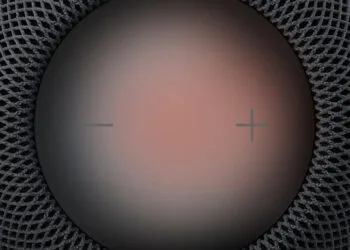 HomePod Sound Glow: top of a HomePod with a reddish glowing touch surface, plus and minus symbols and dark mesh around it