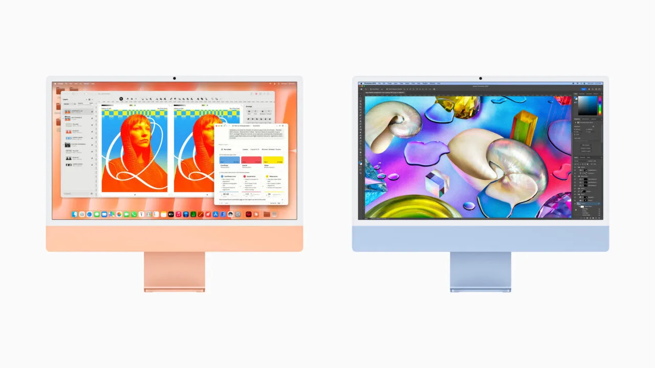iMac M6 vs. M4: two 24-inch iMacs in orange and blue side by side from the front, creative apps on the displays