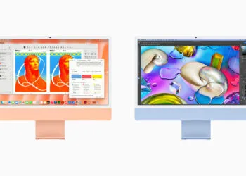 iMac M6 vs. M4: two 24-inch iMacs in orange and blue side by side from the front, creative apps on the displays